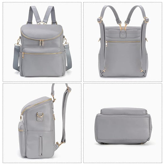 Minsong Diaper Bag Backpack,Fashion Leather Mommy Backpacks,Travel Toddler Baby Diaper Bags with in Bag Organizer and Changing Pad (Dark Grey)