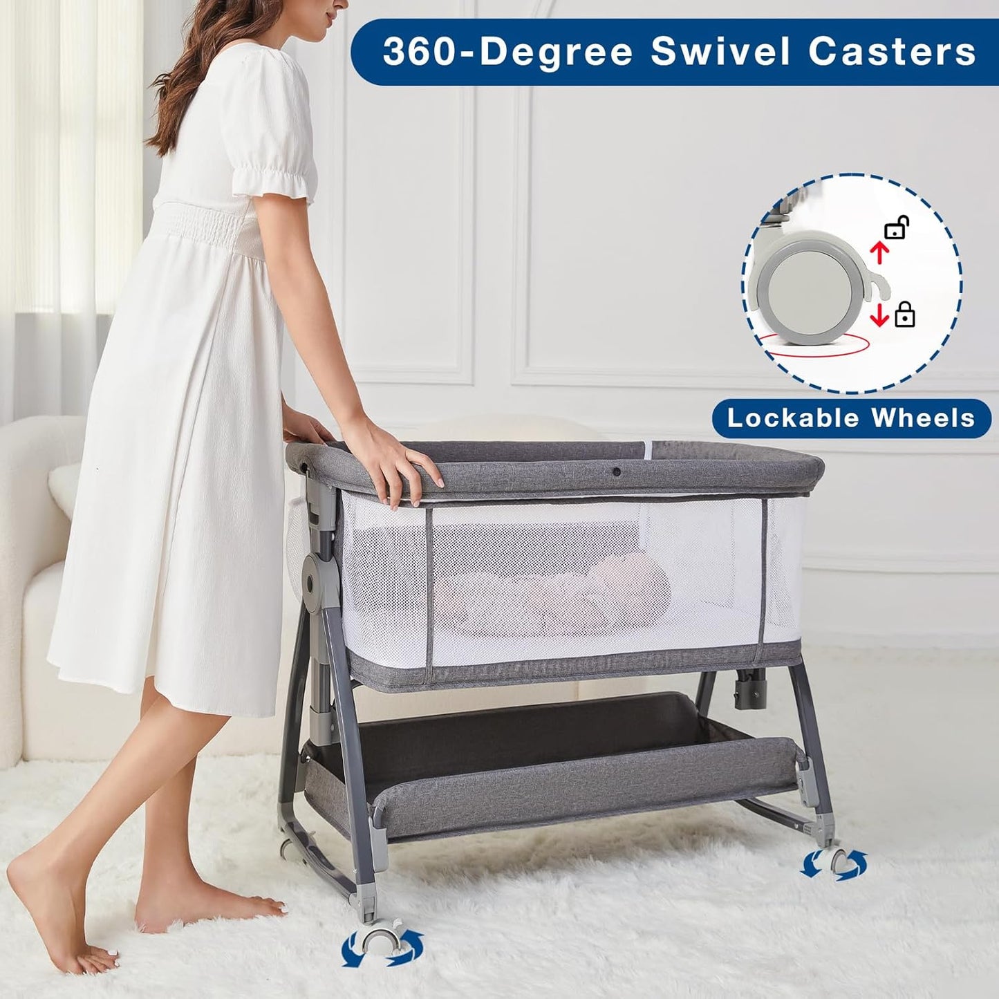 Jixrolyn 3 in 1 Baby Bassinet Bedside Sleeper, Height Adjustable Bedside Bassinet for Newborn and Infant with Mattress, Storage Basket, and Wheels (Grey)
