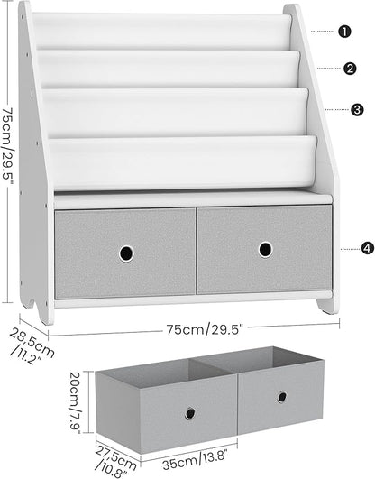 CHOEZON Kids Bookshelf and Toy Storage, 4 Tier Large Capacity Kids Book Rack, Sling Kid Bookcase, for Kids Room, Nursery, Playroom, White and Gray MCW06WT