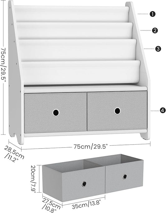 CHOEZON Kids Bookshelf and Toy Storage, 4 Tier Large Capacity Kids Book Rack, Sling Kid Bookcase, for Kids Room, Nursery, Playroom, White and Gray MCW06WT