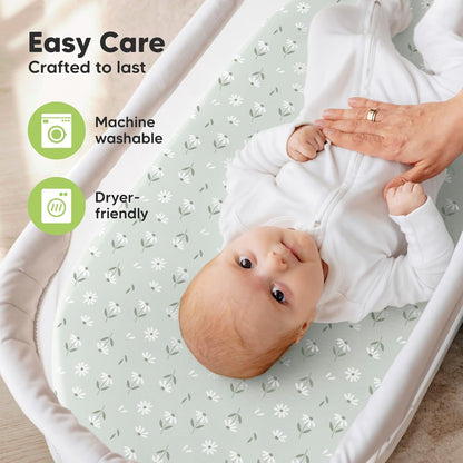 2-Pack Organic Bassinet Sheets for Girls, Boys - 100% Cotton Bassinet Mattress Sheets Compatible with Halo Bassinest Swivel Sleeper, Graco, Baby Delight, Chicco, Unisex Fitted Bassinet Sheets (Elly)
