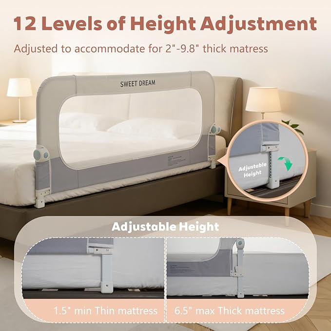 Bed Rail for Toddlers, 32in Folding Toddler Bed Rail Guard with Reinforced Anchor System & Sturdy Metal Frame, Portable Bed Railing for Baby Fits Crib,Twin, Queen & King Bed, Breathable Mesh