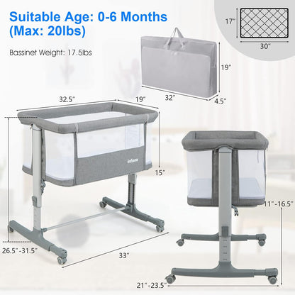 INFANS 3 in 1 Baby Bassinet, Bedside Sleeper for Newborn, Folding Crib with Mattress, Travel Bag, Wheels, 4-Sided Mesh, Easy to Assemble Cradle Co Sleeper Stationary, Rock (Dark Grey)