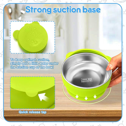 2 Pack Stainless Steel Baby Bowls with Removable Non-Slip Silicone Suction Shell, Anti Scald Food Container for Baby Food Feeding, Forks + Spoons Included-Blue & Pink