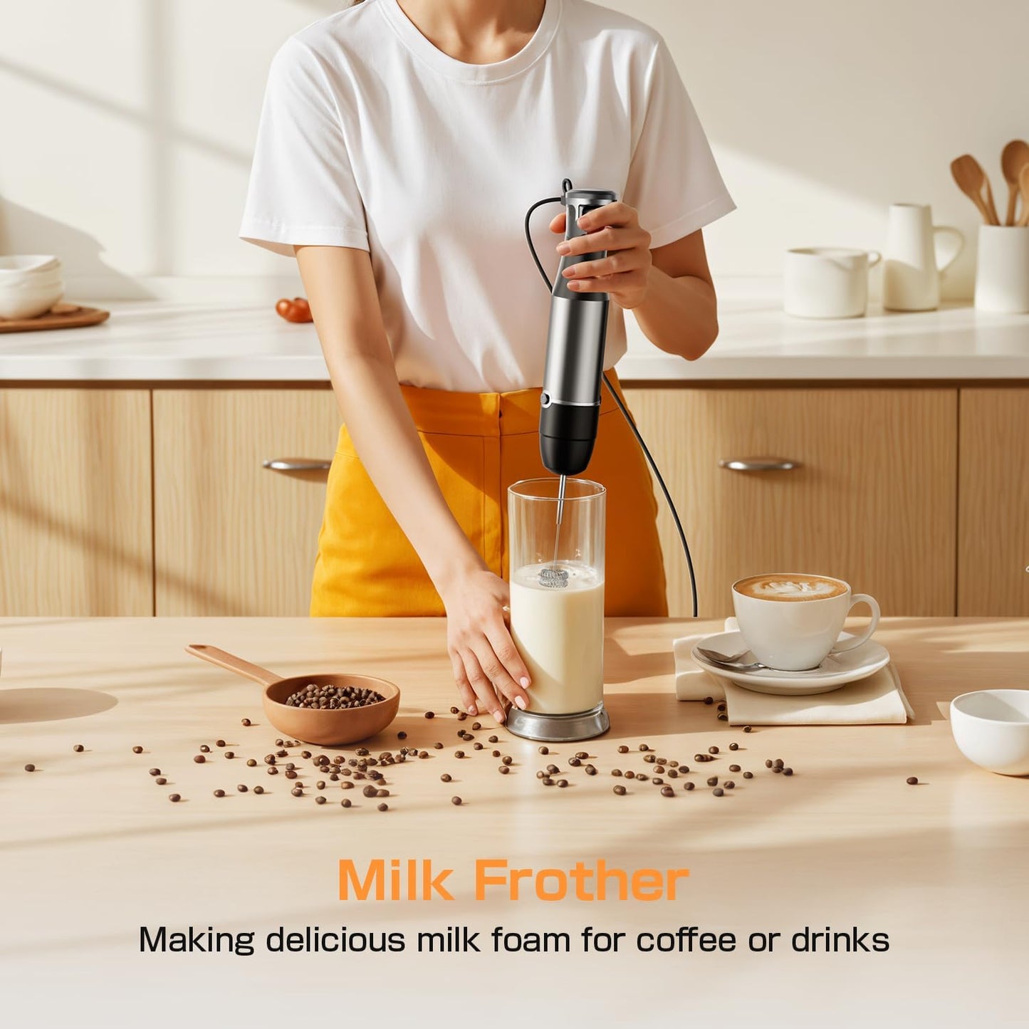 Turelar Immersion Blender Handheld Corded Hand Blenders Set 1100W, Trigger Variable Speed 5 in 1 Stick Emulsifier with Chopper, Whisk and Frother for Soup, Baby Food and Smoothies, Orange