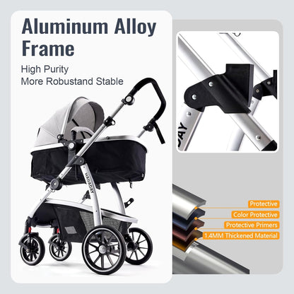 Baby Stroller, 2-in-1 Reversible Toddler Seat with Lie-Flat Mode, Foldable Infant Stroller with Canopy, One Button Brake, Adjustable Handle, Newborn Pushchair (Black B)