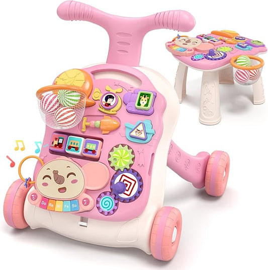 QDRAGON 3 in 1 Baby Walker and Activity Center for Girl, Learning to Walk, Sit to Stand, Early Educational Push Toys with Music Panel for Infant Toddler 12+ Months Pink