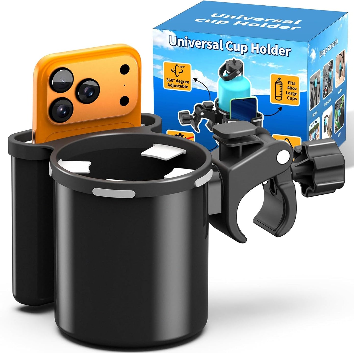 Universal Clamp-on 2-in-1 Cup Holder & Phone Holder for Stroller, Walker, Wheelchair, Fits 12oz-40oz Drinks, Multifunctional Storage Organizer