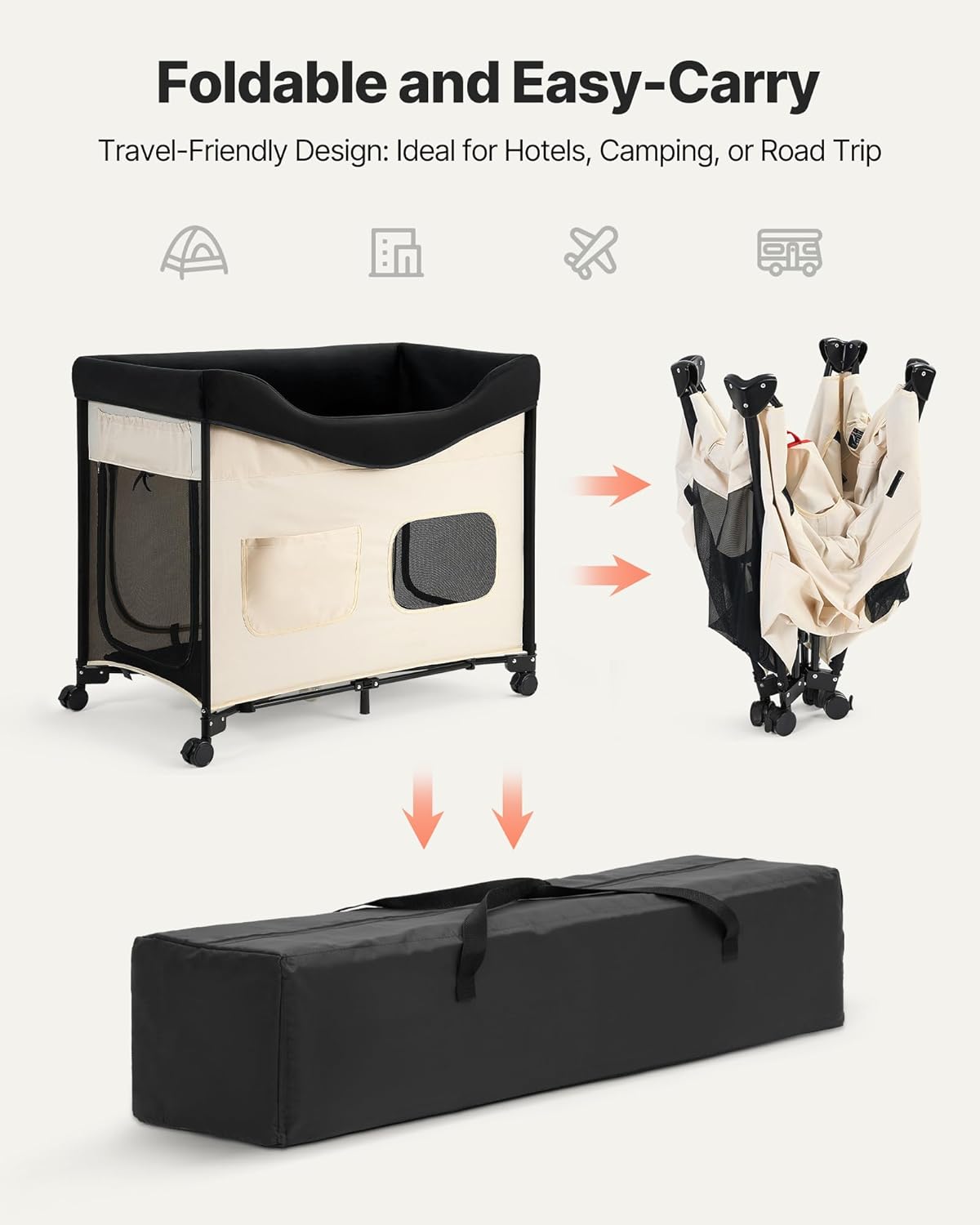 VEVOR Bedside Lounge Pet Bed, Foldable Bunk Dog Bed with 600D Oxford Cloth and Dutch Velvet, Portable Raised Cot with Wheels, Side Storage Bags, and Carry Bag for Cats & Dogs, L, Beige