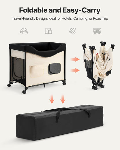 VEVOR Bedside Lounge Pet Bed, Foldable Bunk Dog Bed with 600D Oxford Cloth and Dutch Velvet, Portable Raised Cot with Wheels, Side Storage Bags, and Carry Bag for Cats & Dogs, L, Beige