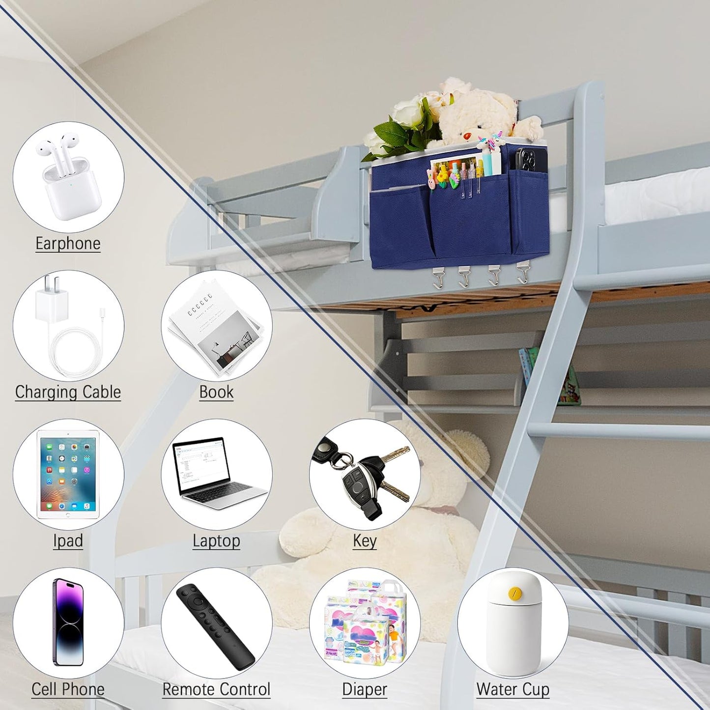 Bedside Storage Organizer 5 Pockets with 4 Hooks Hanging Storage Bag for Headboards/Bunk Bed (Pink)