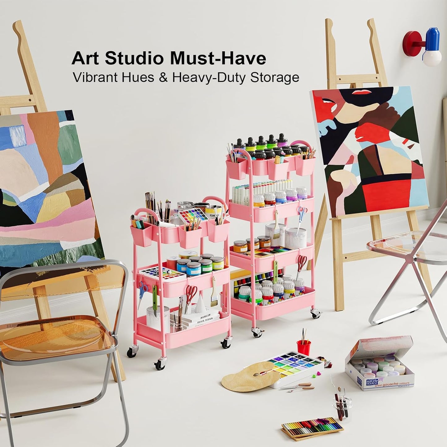 Beige 3 Tier Rolling Cart Metal on Wheels, Three Tiered Storage Organizer Utility Trolley with Wheels for Art, Craft, Baby Diaper Caddy, Snack, Book, Nail, Lash, Cleaning Supplies, Kitchen, Bathroom
