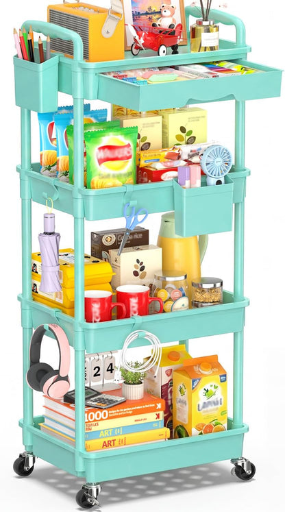 SUNALLY 3 Tier Rolling Cart with Drawer, Bathroom Storage Organizer with 2 Lockable Wheels, Multifunctional Rolling Storage Cart for Bathroom, Kitchen, Office, Craft, Makeup, Baby Essentials, White