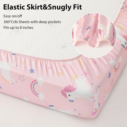 Baby Mini Crib Sheets Girl, Portable 38”x26” Pack and Play Sheets Fitted for Playard and Pack N Play Mattress, 3-Pack Soft Microfiber Pink Rainbow