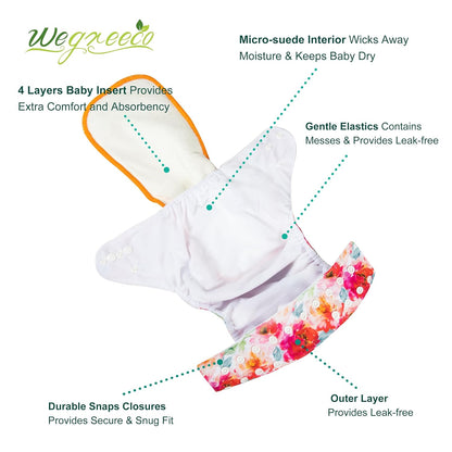 wegreeco Cloth Diapers 6 Pack with 6 Inserts & 1 Wet Bag, Washable Cloth Diapers for Babies, One Size Adjustable Reusable (Flower)