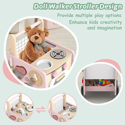 wiqins Wooden Baby Walker 9-in-1 Activity Center with Toddlers Montessori Sensory Toys and Play Kitchen Push Walker for Kids with Wheels and Storage Space, Ideal Gift for Girls Boys Ages 6-36 Month