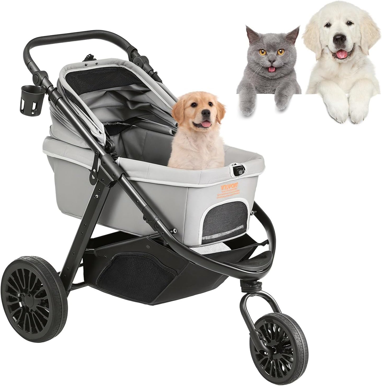 VEVOR Pet Stroller, 44 lbs Weight Capacity, Foldable Dog Cart, 4 Wheels Cats Stroller with Mesh Windows & Revrsible Handle, Portable Pet Carrier with Brake, for Small to Medium Pets