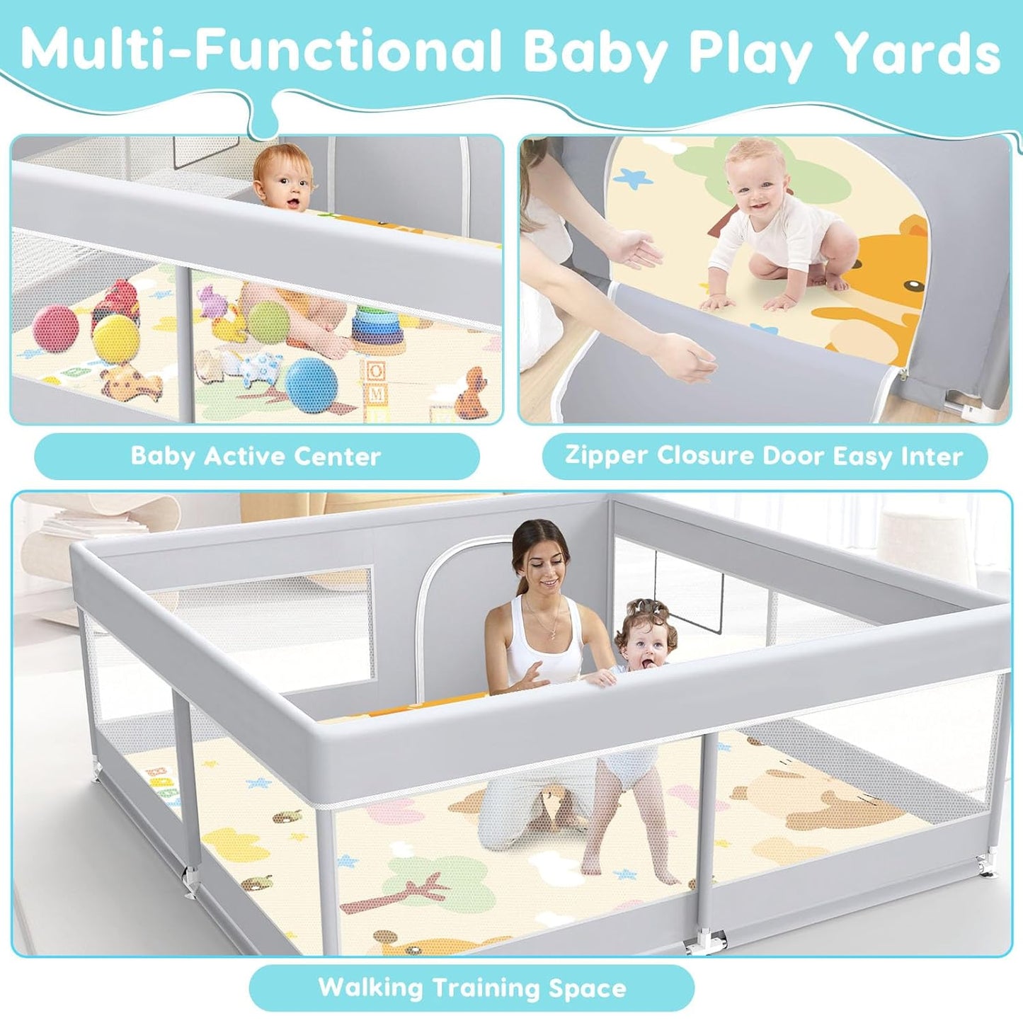 Fshibila Baby Playpen, 50x50 Inch Baby Playard for Babies and Toddlers, Play Pens for Indoor & Outdoor, Sturdy Safety Play Yard with Soft Breathable Mesh, Anti-Fall, Grey