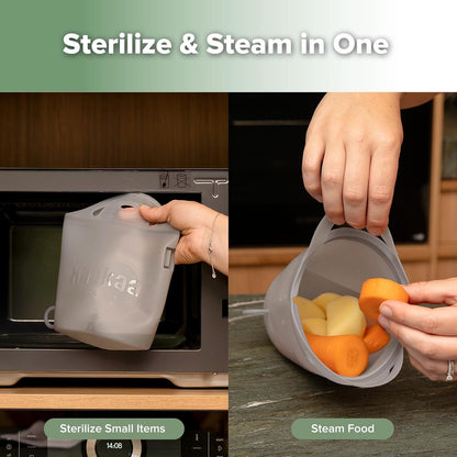 Haakaa On-The-Go Silicone Microwave Steam Sterilizer Bags for Travel, 40oz/1250ml Reusable Silicone Steaming Bags for Baby Bottles, Breast Pump, Accessories, Pacifiers, Teethers,Grey/1PC