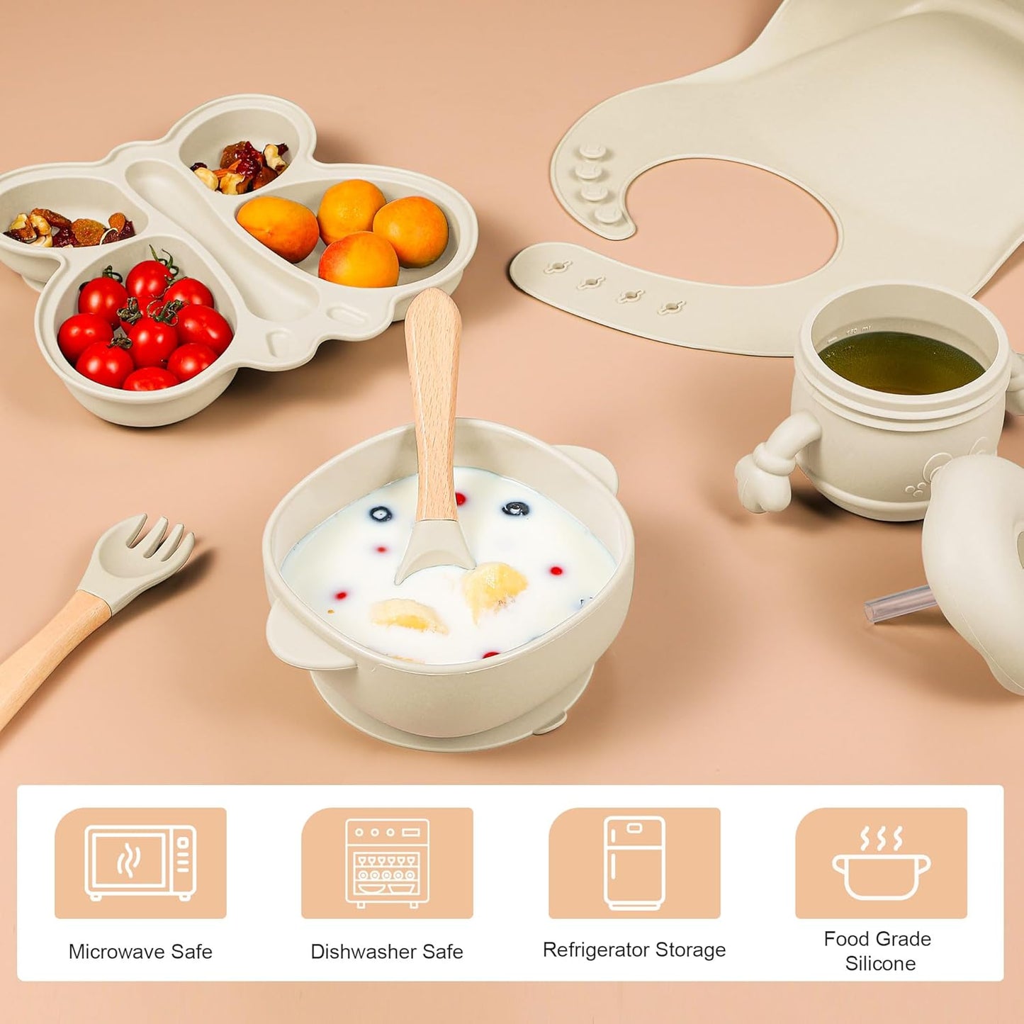 Silicone Baby Feeding Set, Baby Led Weaning Supplies, Baby Food Tableware Silicone Suction Plate, Bowl, Spoons, Fork, Waterproof Bib, Cup & Complementary Food Cake Mold, Baby Eating Utensils