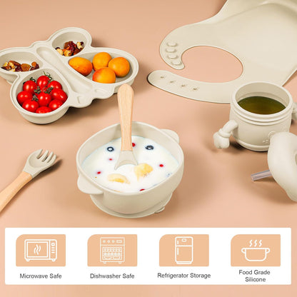 Silicone Baby Feeding Set, Baby Led Weaning Supplies, Baby Food Tableware Silicone Suction Plate, Bowl, Spoons, Fork, Waterproof Bib, Cup & Complementary Food Cake Mold, Baby Eating Utensils