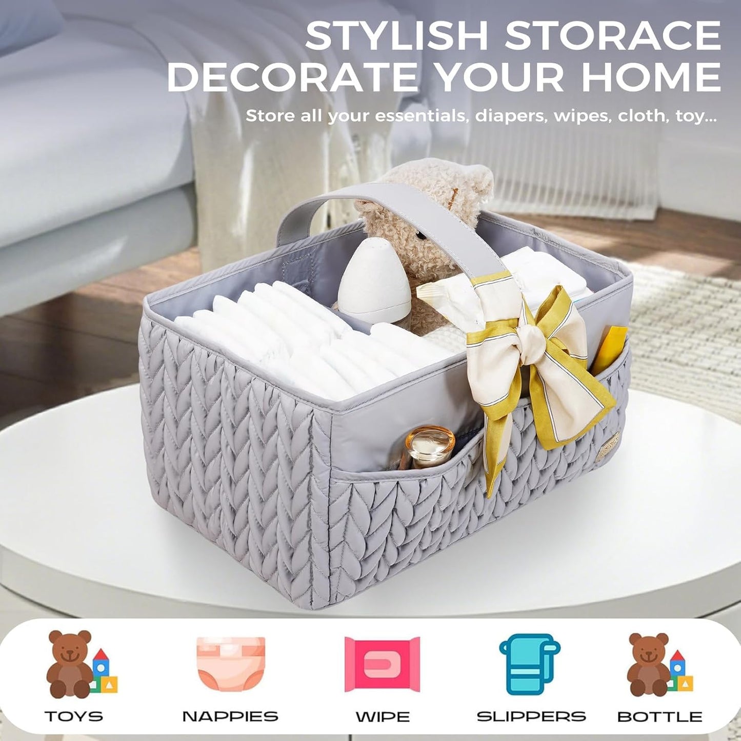 Luxurious Baby Diaper Caddy, Nursery Storage Basket for Newborn Essentials, Travel Baby Basket for Diapers Baby Wipes, Organizer Tote Bag Storage Bin, Baby Shower Gifts(Beige)