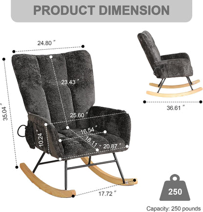 Rocking Chair Nursery with Airbag, Comfy Modern Nursery Rocking Reading Chair indoor with Footrest, Cozy Upholstered Glider Rocker Chairs for Living Room Bedroom Offices(Chenille, Dark Grey)