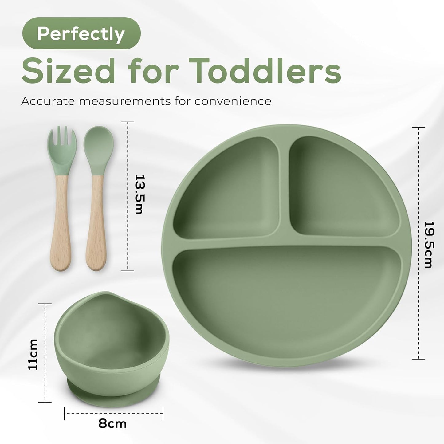 NurtureNest Silicone Toddler Feeding Set – Suction Plate & Bowl, Toddler Spoon & Fork, BPA-Free, Dishwasher Safe, Microwave Safe, Sage Green