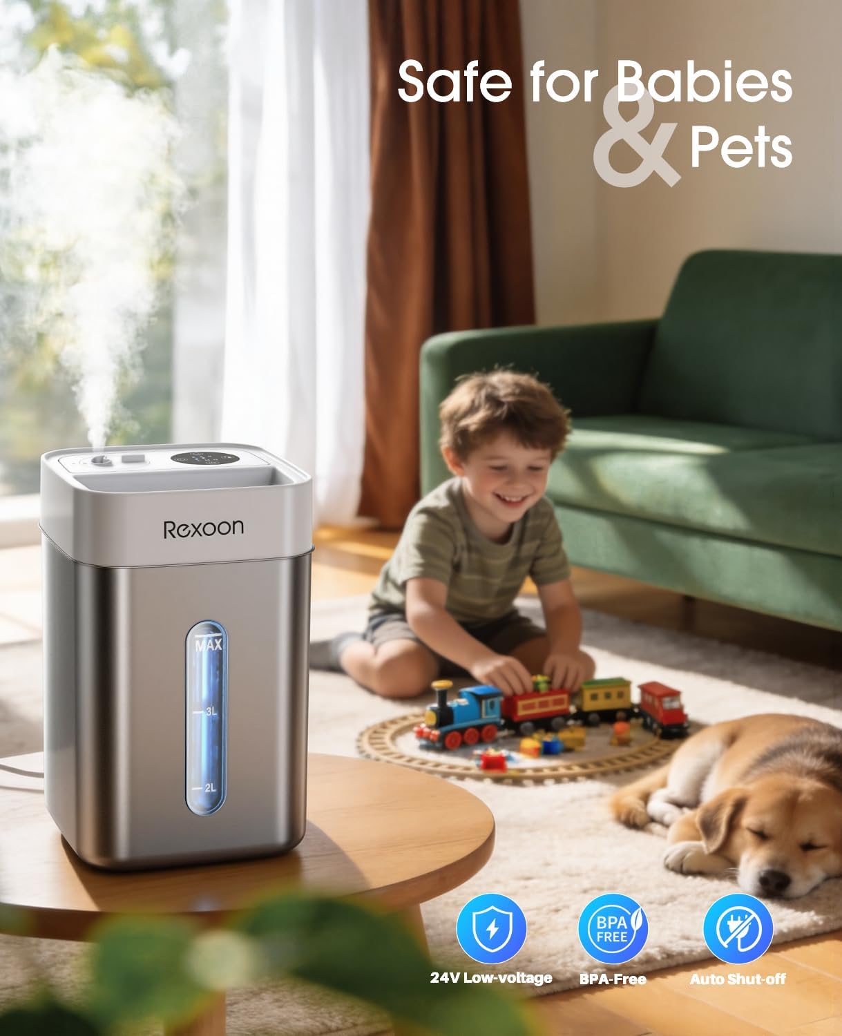 4.6L/1.2Gal Stainless Steel Humidifier for Bedroom, Top Fill Ultrasonic Cool Mist Humidifier Dishwasher Safe, Ultra-Low Noise, Sleep Mode, Humidifiers for Baby Nursery, Office & Indoor Plants