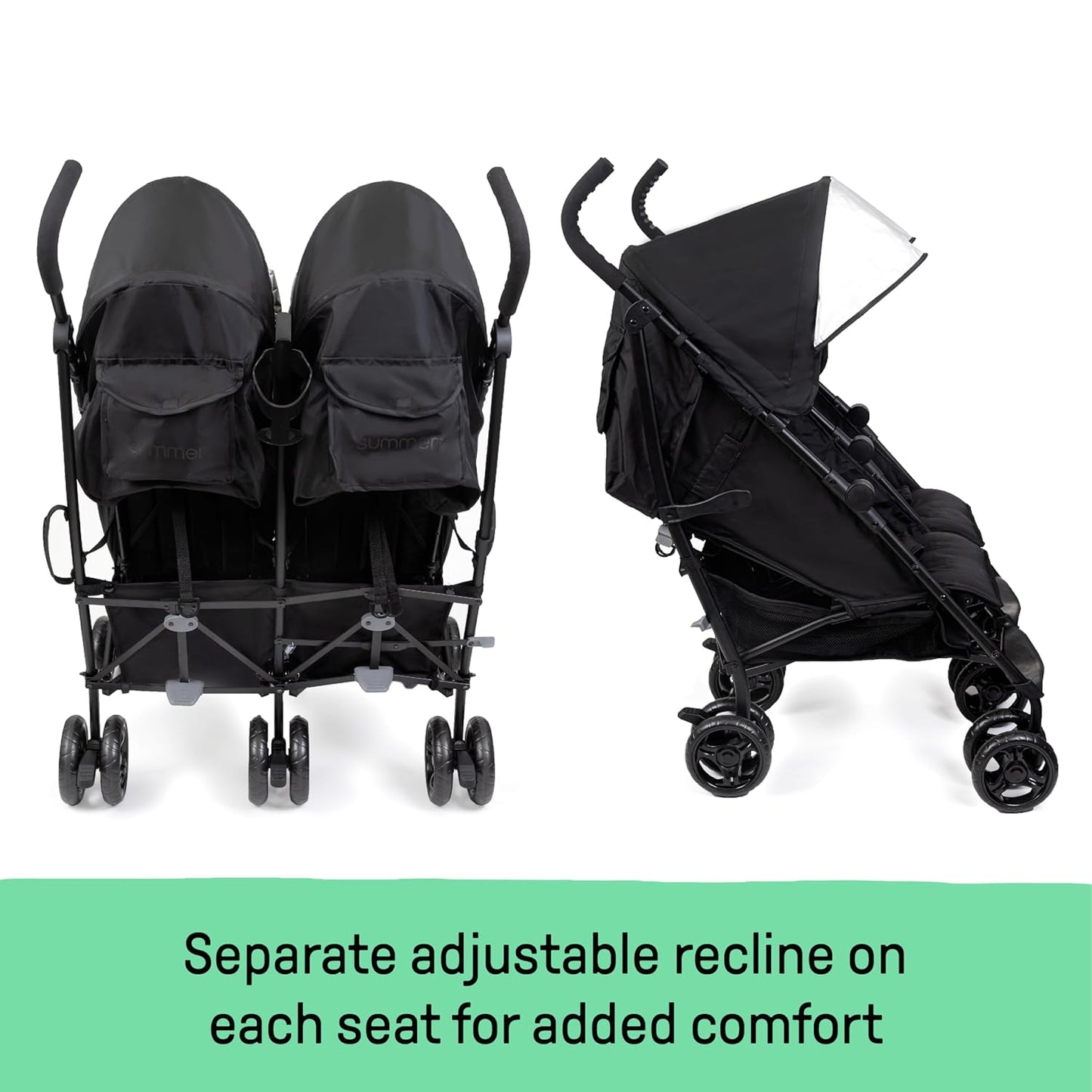 Summer Infant 3Dlite Folding Lightweight Side by Side Double Stroller with 5-Point Safety Harness for Infants and Toddlers, Black