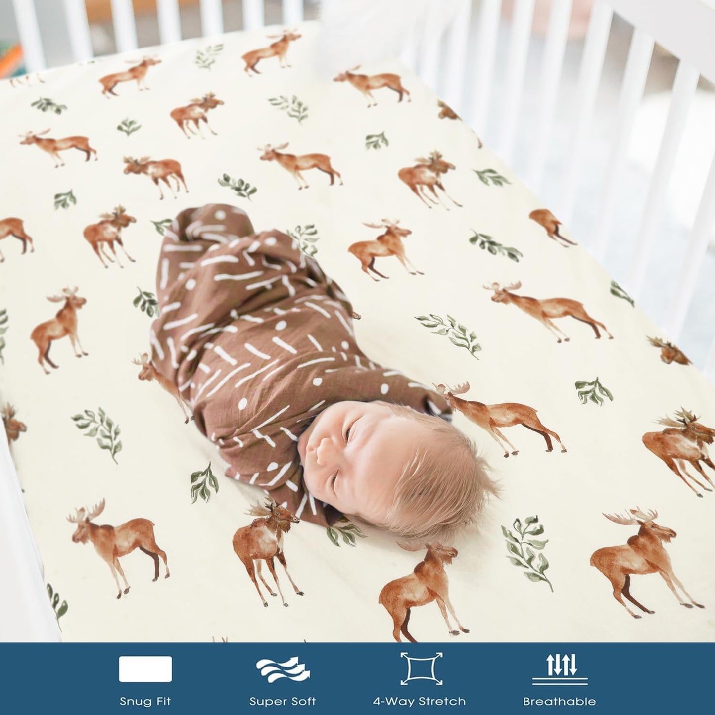 GRSSDER Stretch Ultra Soft Jersey Knit Fitted Pack n Play Playard Sheets Set 2 Pack，Fits Portable/Mini Cribs Sheets, Playards Mattress Pads, Stylish Watercolor Animals for Baby, Mint Green