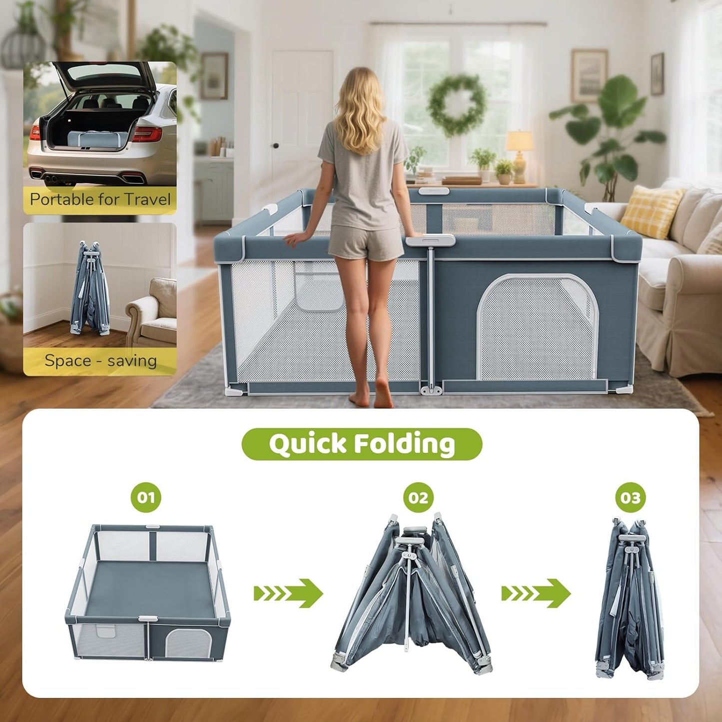 Foldable Baby Playpen - 71"×59" Collapsible Play Pen for Babies and Toddlers - Indoor Outdoor Foldable Play Yard with 4 Handles - Folding Baby Playpen with Bag Portable Travel Play Yard