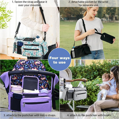 Baby Stroller Organizer, Universal Stroller Organizer with Detachable Phone Bag, Stroller Caddy with 2 Insulated Cup Holders, Buggy Organizer Bag with 2 Hooks Fits Most Strollers (Balck)