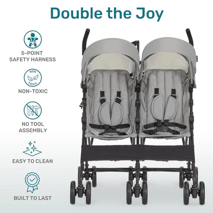 Dream On Me Twin Venture Umbrella Stroller in Pink, Multi Backrest Positions, Adjustable & Removable Canopy Double Stroller, 360°Swivel Wheels with Locks