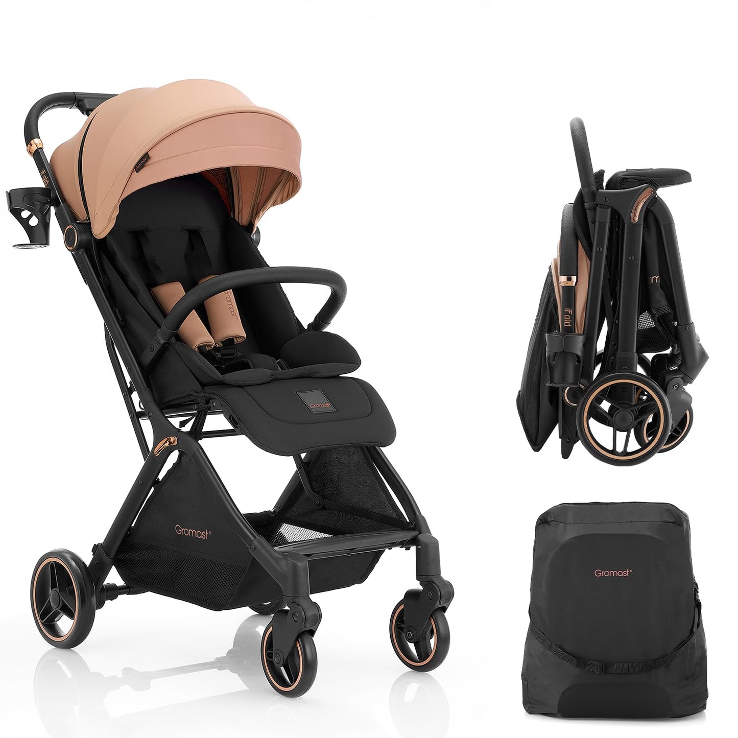 Gromast Gravity Folding Baby Stroller - Portable Travel Toddler Stroller w/Adjustable Backrest, Canopy & Cup Holder, Lightweight and UV Protected, One-Hand Automatic Folding - Green