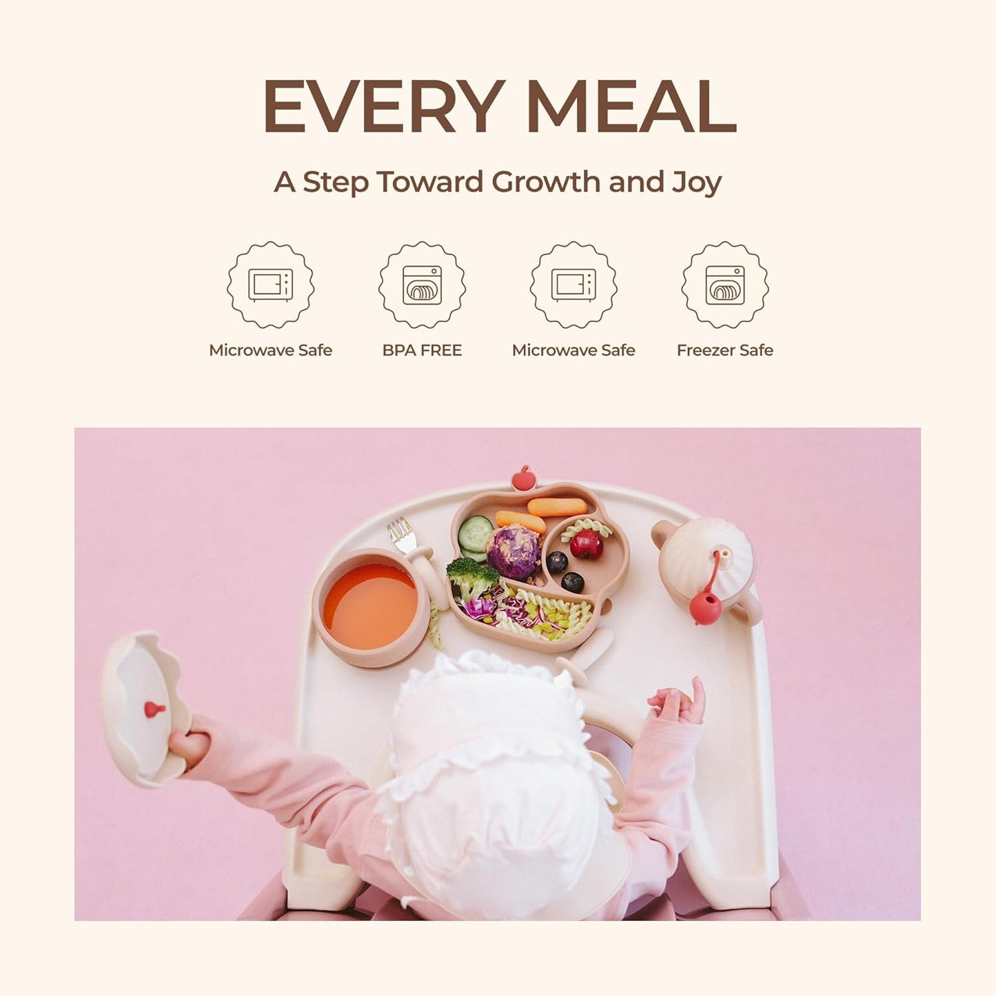 Silicone Baby Feeding Set, Gelato Collection Baby Led Weaning Supplies, First Self-Feeding Ice Cream Set, Silicone Suction Bowl with Cherry Lid & Plate, Straw Cup & Bib, Fork & Spoon - Pink
