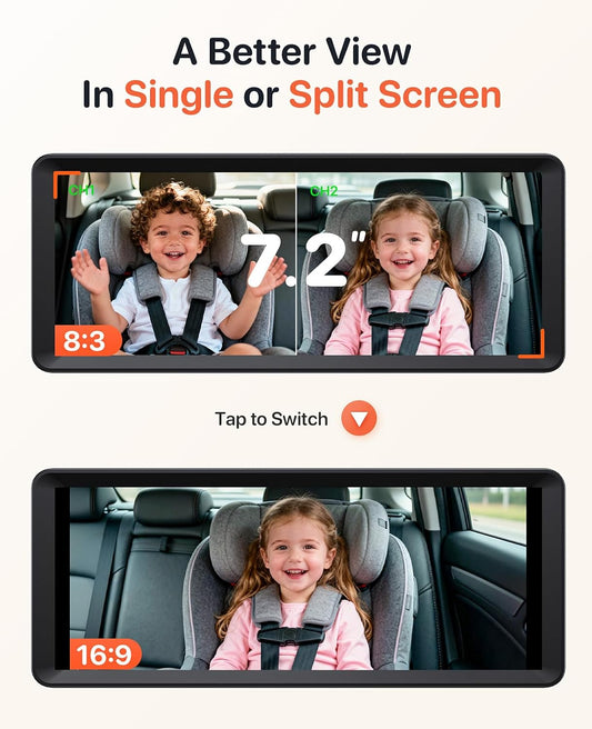 Luckview BM5 MAX 1080P Dual Baby Car Camera with Recording, 7.2" Split Monitor for 2 Kids, Dual Car Camera Baby Monitor with Auto Night Vision, Easy Installation Carseat Camera for Baby