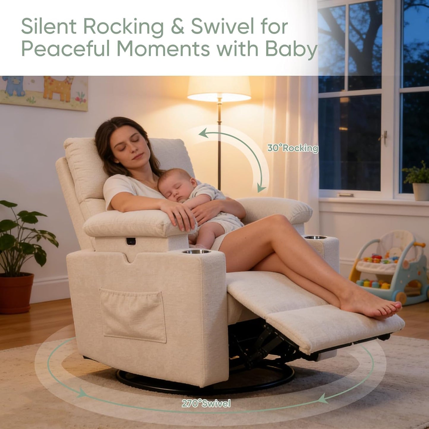 Rocking Chair Nursery with Adjustable Armrest for Breastfeeding, Glider Recliner Nursery Chair with Massage and Heat, Power Swivel Rocker Recliner with Adjustable Headrest, Corduroy, Beige