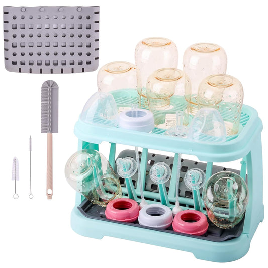 Baby Bottle Drying Rack，Travel Baby Bottle Drying Rack Set, Cleaner Kit with Silicone Bottle Brush,Straw Brush, Suitable for Home use or Traveling with Babies (Coffee Color)