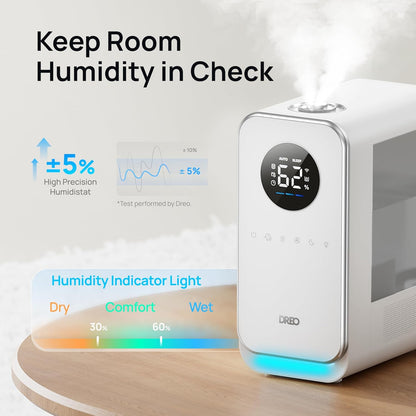 DREO Humidifiers for Bedroom, Top-filled Smart Quiet Cool Mist Humidifier for Large Room Home, Oil Diffuser & Nightlight, 50Hours Runtime for Indoor Plants, with Alexa/Google, White