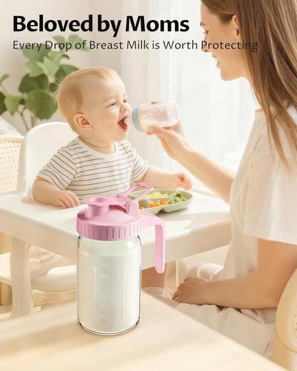 64oz Glass Breast Milk Pitcher with Lid & Pour Spout, 2 Quart Airtight Leakproof BreastMilk Fridge Storage Container - Wide Mouth, Dishwasher Safe Formula Pitcher with Handle