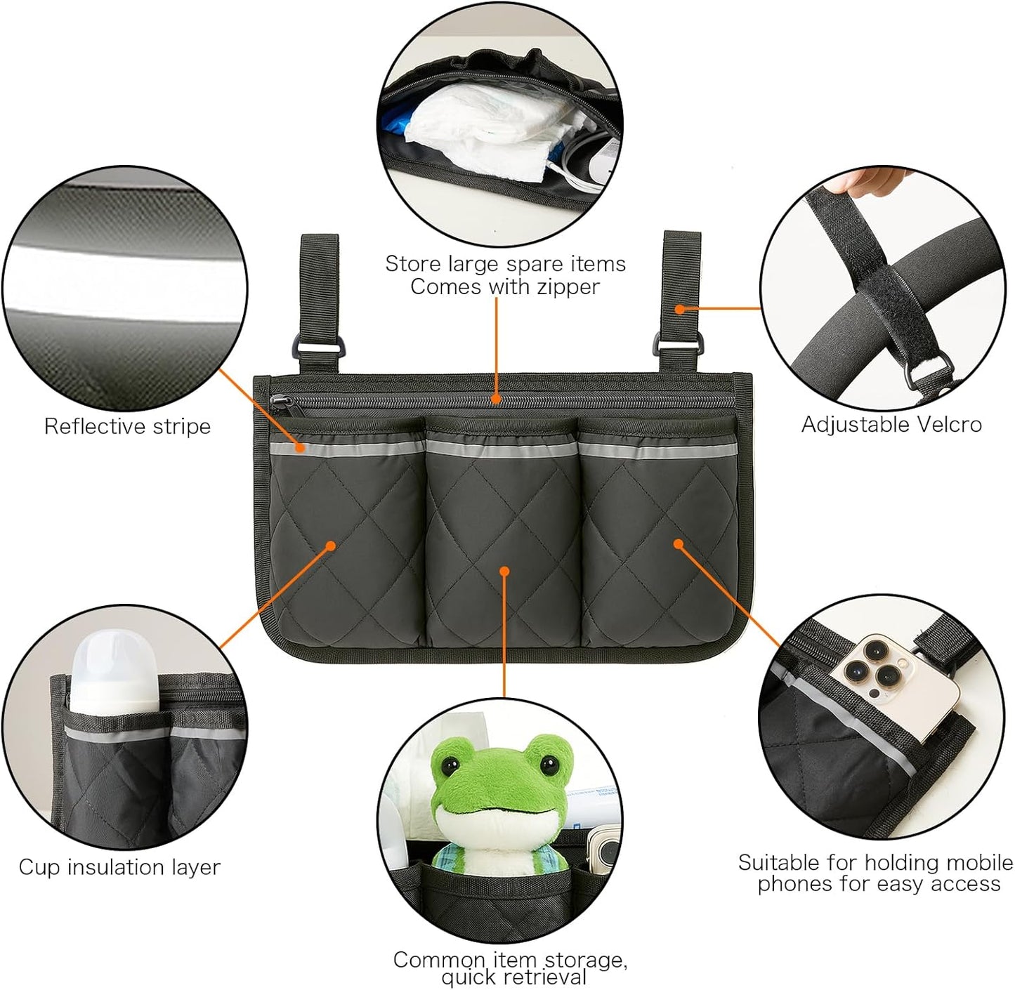 Stroller Caddy Stroller Organizer With Cup Holder, Non Slip Straps Stroller Bag for Phone, Pet Stroller Accessories,Universal Stroller Organizer,Fits Single & Double Strollers