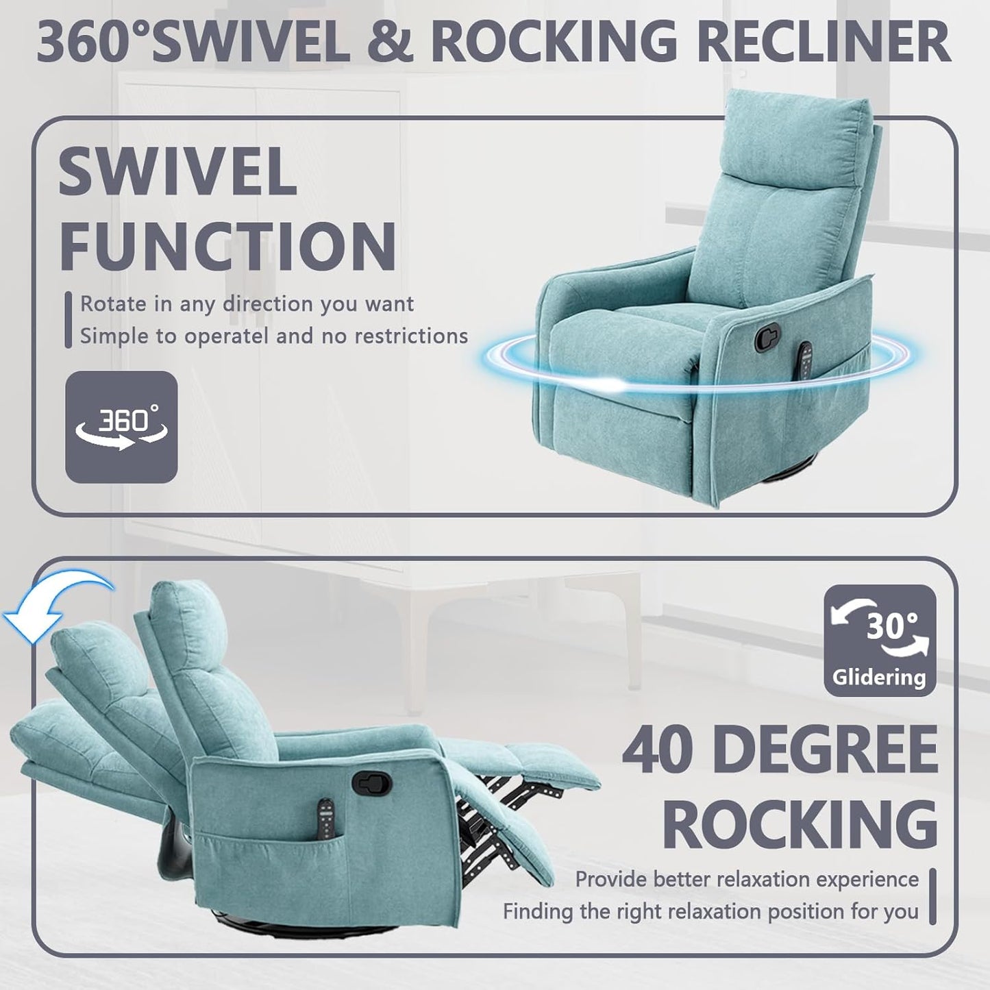 Massage Chair Recliner with Heat, Swivel Rocking Chair Recliner with High Back, Manual Nursery Recliners for Adults,Small Recliner Chair for Small Spaces, Living Room Bedroom, Fabric (Blue Green)