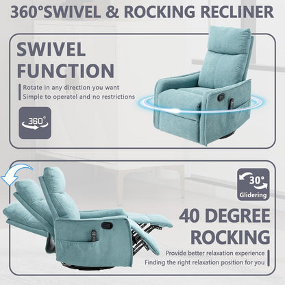 Massage Chair Recliner with Heat, Swivel Rocking Chair Recliner with High Back, Manual Nursery Recliners for Adults,Small Recliner Chair for Small Spaces, Living Room Bedroom, Fabric (Blue Green)