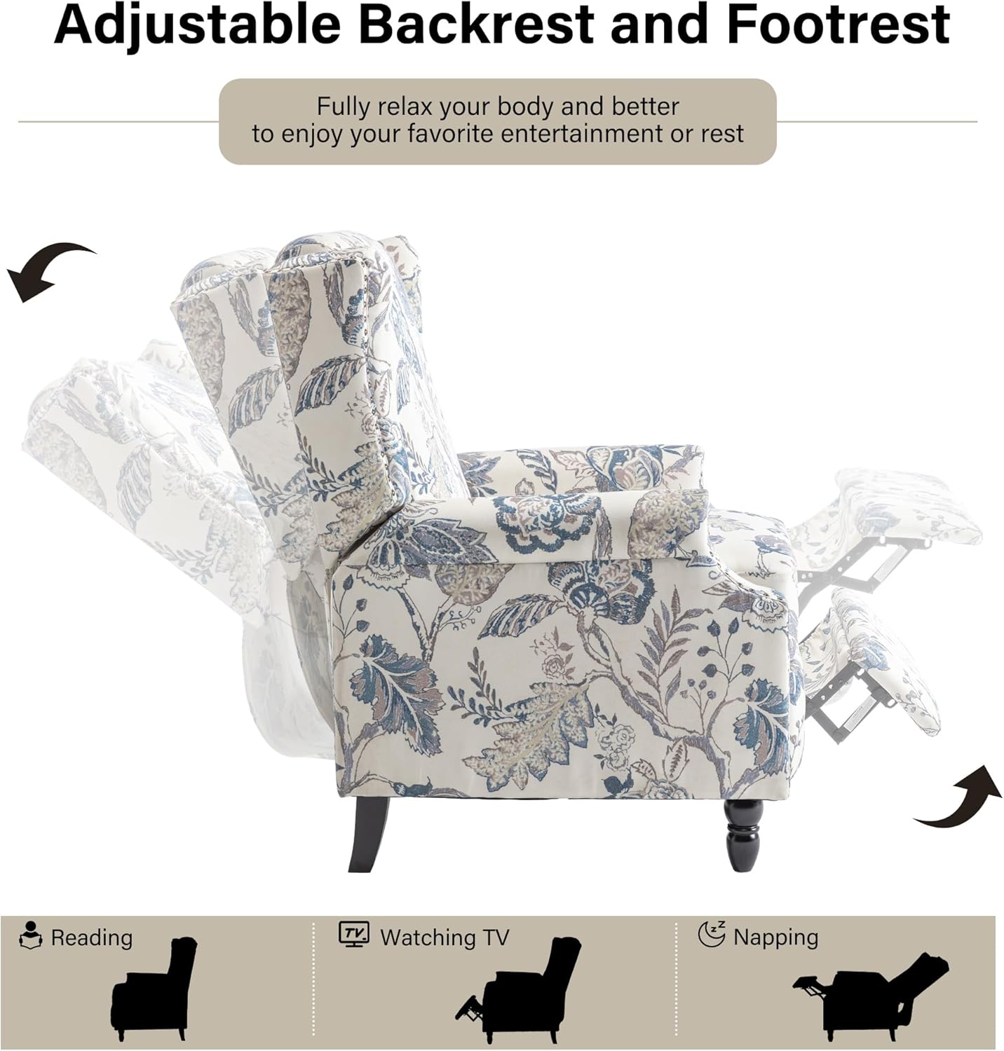 Swivel Rocker Recliner Chair, Manual Nursery Glider Recliner, Floral Fabric Wingback Accent Chair with Adjustable Backrest & Footrest for Small Spaces Living Room Bedroom (Plants Floral, Set of 1)