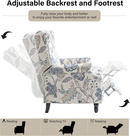 Swivel Rocker Recliner Chair, Manual Nursery Glider Recliner, Floral Fabric Wingback Accent Chair with Adjustable Backrest & Footrest for Small Spaces Living Room Bedroom (Plants Floral, Set of 1)