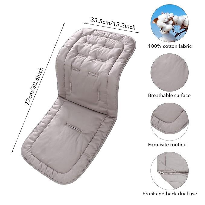 Baby Stroller Cushion,Infant Car Seat Insert-Reversible Universal Breathable and Soft Newborn seat Liner for Stroller,100% Cotton Seat Pad Liner for Newborns-34x78cm,1 Pack（Grey）