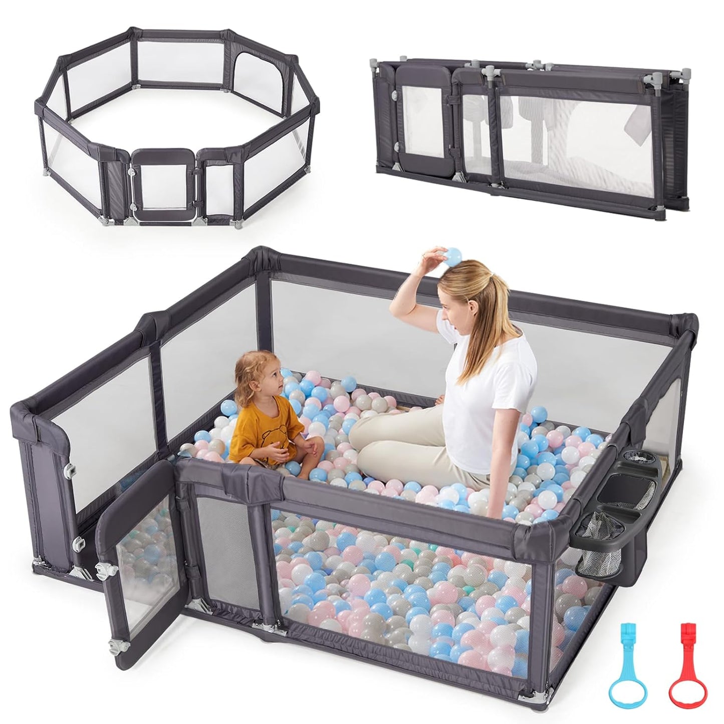 Sweeby Foldable Baby Playpen, Baby Gate Playpens for Babies and Toddlers 79x71 Extra Large Play Yard with Door Fence with Mat and Indoor Play Pen,Light Grey