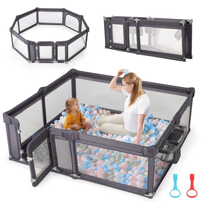Sweeby Foldable Baby Playpen, Baby Gate Playpens for Babies and Toddlers 79x71 Extra Large Play Yard with Door Fence with Mat and Indoor Play Pen,Light Grey