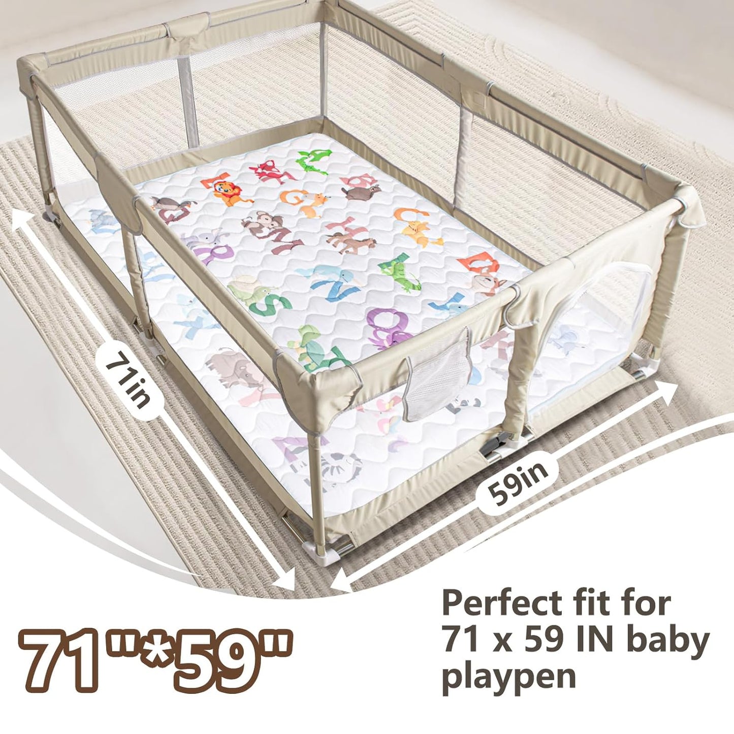 Baby Play Mat, 50x50 Playpen Mat with Super Soft Touch, Activity Mats with Upgraded Anti-Slip Bottom, Machine Washable Crawling Mats for Floor & Picnic (Animal Alphabets)